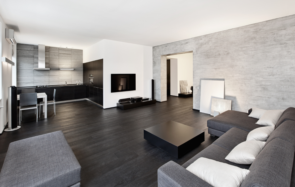Modern minimalism style drawing-room interior in black and white tones